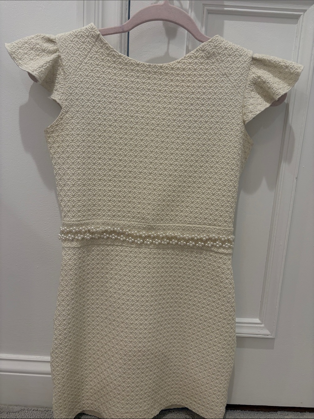 Custom Girls' Ivory Pearl-Trim Textured Formal Dress